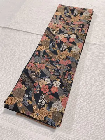 꽃무늬 반폭 오비 블랙 컬러 리버서블 순수 실크