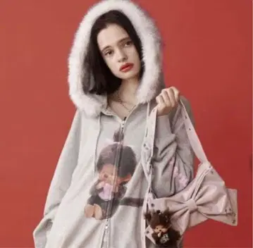 monchhichi x jouetie 퍼 도킹 ZIP 후디 그레이