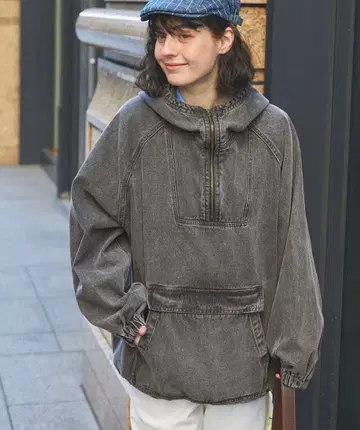 데님 오버 사이즈 아노락 후드티 그레이