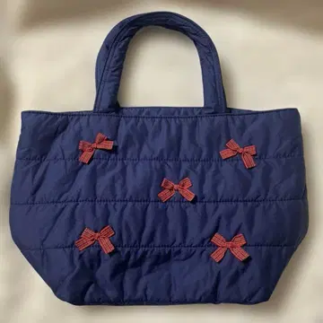 새상품급 파밀리아 토트백 빨간색 체크 패턴 리본 네이비