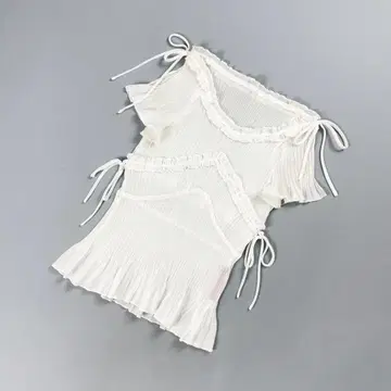 NOKO OHNO 프릴 플리츠 블라우스 시스루 화이트 사이즈 38