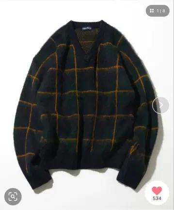 NAUTICA 모헤어 혼방 윈도우 체크 무늬 V넥 니트 풀오버