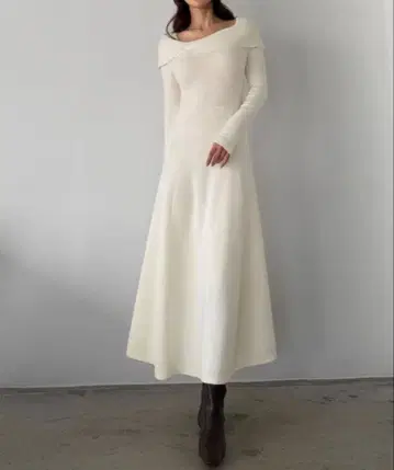 Louere 원피스 아지메 오프숄더풍 니트 플레어 원피스