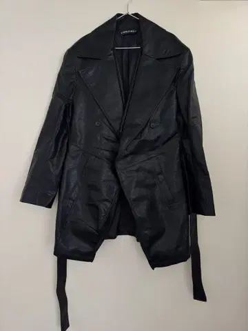 YPROJECT 블랙 더블 브레스트 롱 가죽