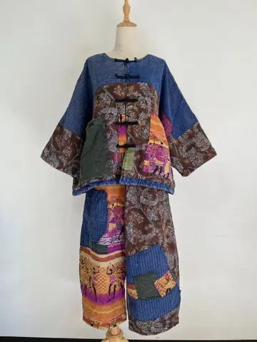 셋업 레트로풍 루즈핏 패치워크 패딩 자켓 & 팬츠