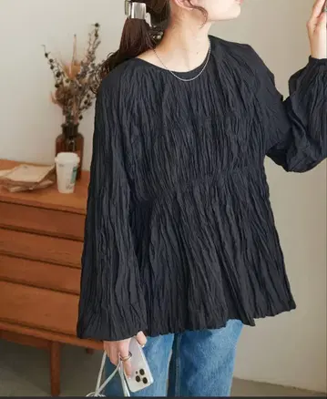 DISCOAT 택 포함 새상품 와셔 셔링 블라우스 블랙