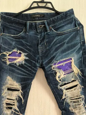 데미지 가공 스키니 데님 퍼플 스팽글