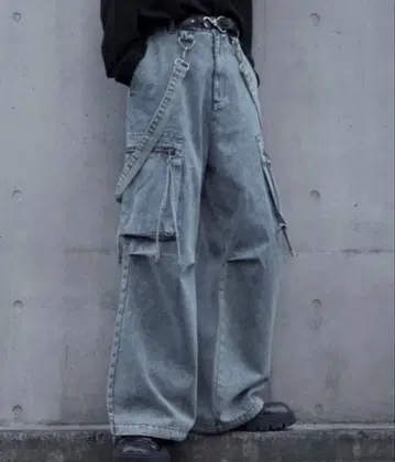 LILL 서스펜더 데님 카고 팬츠 블루 S