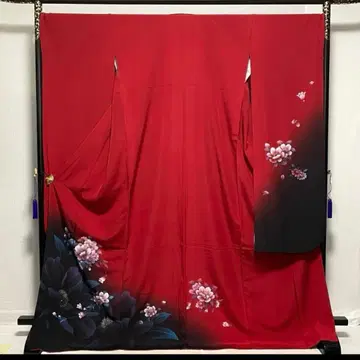 진홍색 꽃무늬 후리소데 교토 기모노 유젠 톨 사이즈 루즈한 사이즈