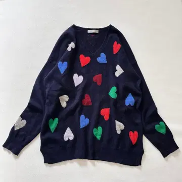더마컬렉션 캐시미어 100% 하트 무늬 니트 L 네이비