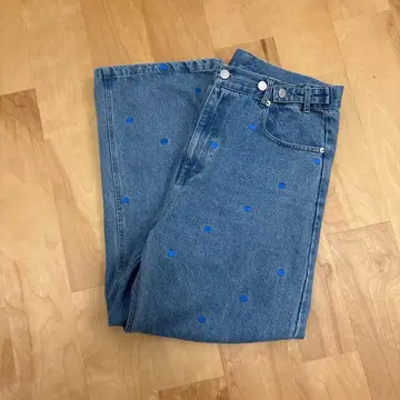 mite 하트 무늬 허리 조절 가능 와이드 데님 팬츠 블루