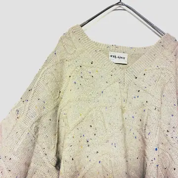 90s 니트 스웨터 V넥 화이트 올 패턴