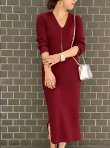 Y039 라운지 드레스 니트 원피스 F 레드 롱 긴팔 V넥