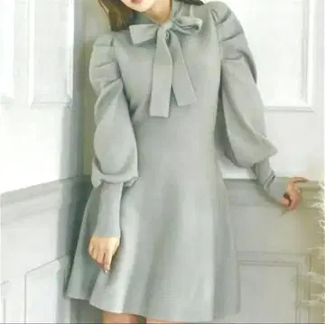 보타이 리본 퍼프 슬리브 니트 원피스 그레이