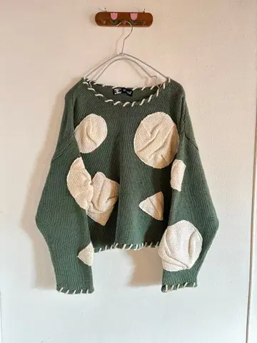 칸사이 그린 니트 얼굴 택 70년대 80년대