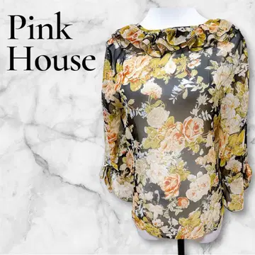 핑크하우스 시어 블라우스 긴팔 꽃무늬 프릴 블랙