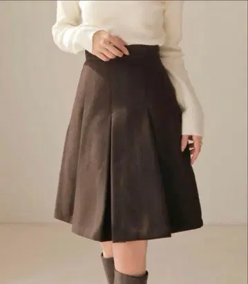 HALUHIROINE 브라운 무릎 기장 플리츠 스커트