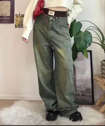 SHAGGIE 오로라 큐빅 장식 빈티지 루즈 데님 팬츠