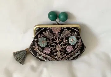 인도 자수 목옥 모자 가마구치 미니 지갑