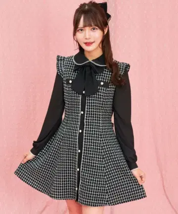 바이컬러 트위드 긴팔 원피스 Secret Honey