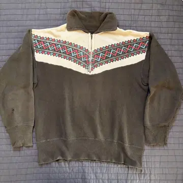 50s 60s 눈꽃 패턴 맨투맨 하프 지퍼 카라 부착 빈티지