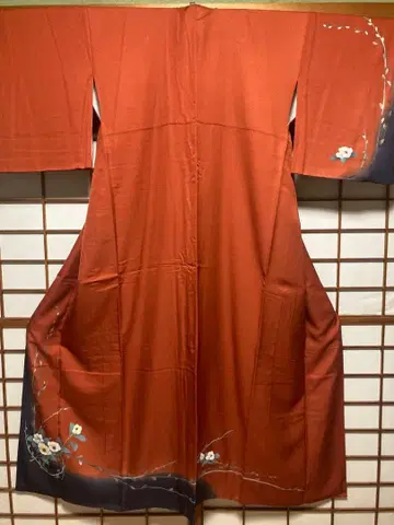 쇼와 레트로 순수 실크 호몬기 빨검 동백꽃 패턴 화장 67 기장 160