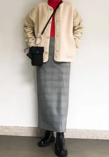 플라스테 울 블렌드 개버 하이웨스트 내로우 롱 스커트 체크 M