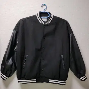 블랙 바시티 자켓 울 합성 피혁