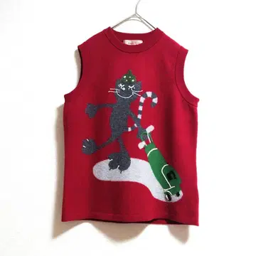 a 미에코 우에사코 고양이 애니멀 자수 모헤어 펠트 슬리브리스 베스트