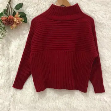 로페 피크닉 크롭 리브 절개 니트 [ M ] 하이넥 긴팔 빨간색