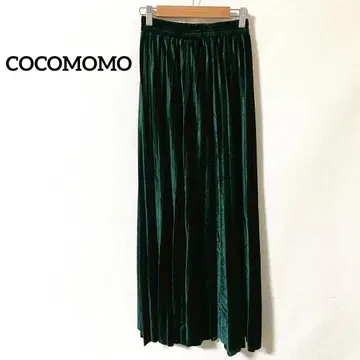 [ 코코모모 ] 플리츠 스커트 그린 롱 기장 벨로아 광택감 허리밴딩
