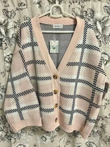 BUBBLES 체크 무늬 긴팔 가디건 핑크