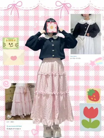 axes femme 깅엄 체크 티어드 롱 스커트