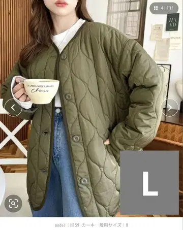 moment+/모먼트플러스 퀼팅 노카라 코트 카키 L 사이즈