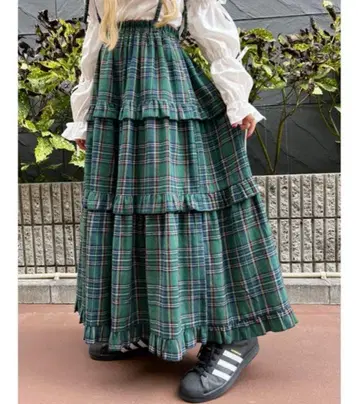 WC 체크 티어드 롱 스커트 그린