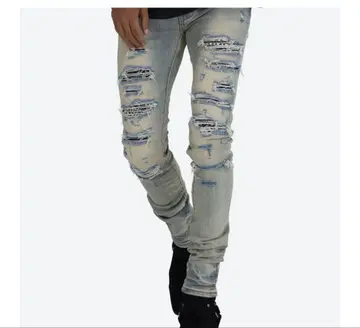 mnml28 라이트 블루 데미지 가공 슬림 핏