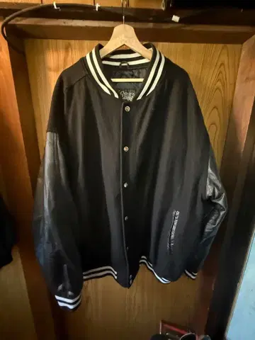 Indoor 천연 가죽 블랙 바시티 자켓 3XL