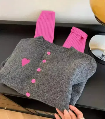 사이즈 L~2XL 그레이/핑크 버튼 니트 가디건 스웨터