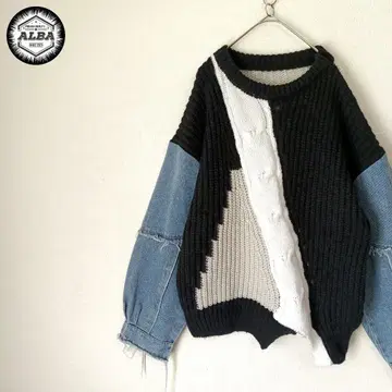 스웨터 니트 데님 리메이크 프린지 가공 패치워크 걸리시 블랙 화이트