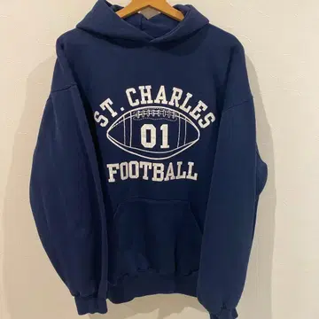 Russell 러셀 3단 프린트 후드티 네이비