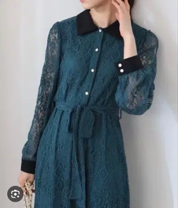 리본 벨트 포함 전체 레이스 클레릭 긴팔 롱 원피스 새상품급