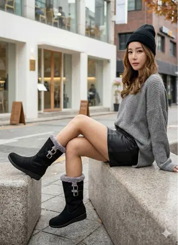 [ 새상품급 ] 퍼 달린 블랙 페이크 스웨이드 어그 부츠