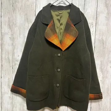 올리브 그린 & 오렌지 체크 울 코트 [ F ]