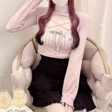 허니뮤우 이모짱 하운드투스 체크 하이넥 앙상블 상의