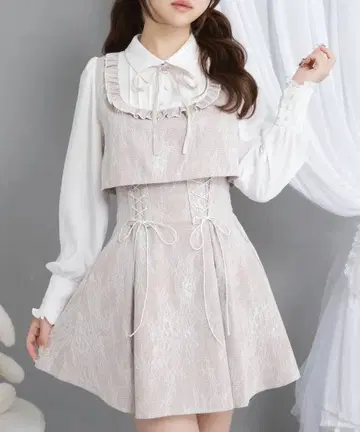 요크 프릴 레이스업 셋업풍 도킹 원피스