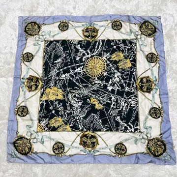 실크 100% 일본제 대형 스카프 별자리 천체 모티브 블랙 블루