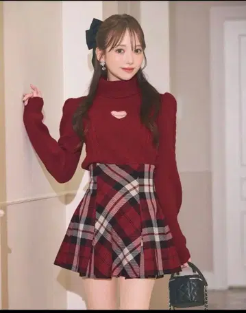 미셸 마카롱 플레어 체크 스커트 레드