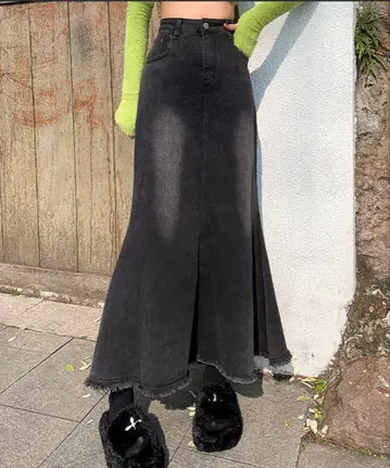 컷팅 프린지 스트레치 데님 머메이드 스커트 그레이 M