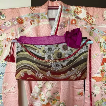 후리소데 풀세트 핑크 금채 고전 문양 순수 실크 성인식