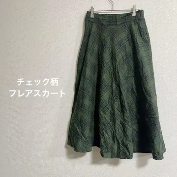 구제 올리브 그린 체크 무늬 플레어 스커트 롱 스커트 스커트